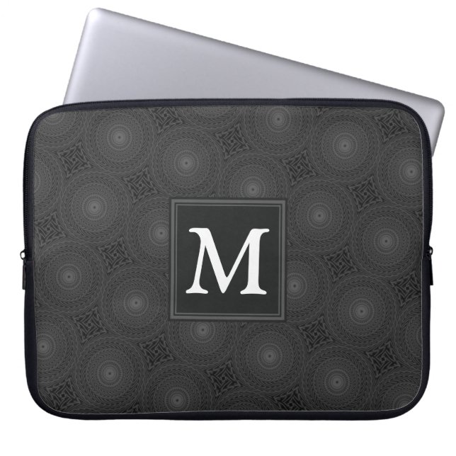 Monogram charcoal circles pattern laptop sleeve (Front)