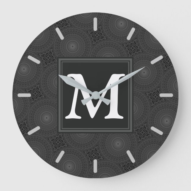 Monogram charcoal circles pattern large clock (Front)
