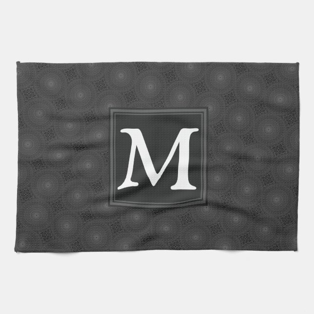 Monogram charcoal circles pattern tea towel (Horizontal)