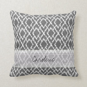 Monogram Charcoal Grey Tribal Ikat Diamond Pattern Cushion