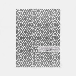 Monogram Charcoal Grey Tribal Ikat Diamond Pattern Fleece Blanket