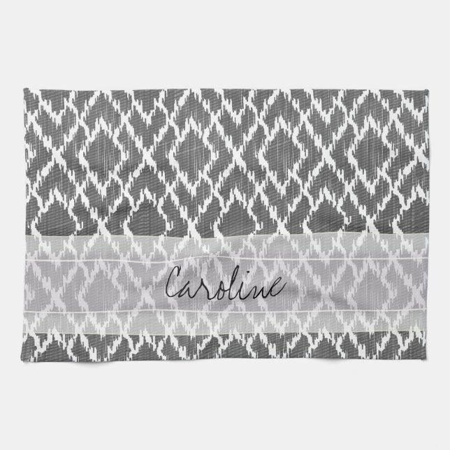 Monogram Charcoal Grey Tribal Ikat Diamond Pattern Tea Towel (Horizontal)