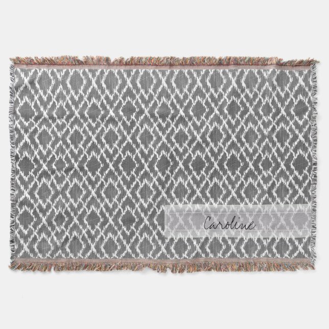 Monogram Charcoal Grey Tribal Ikat Diamond Pattern Throw Blanket (Front)