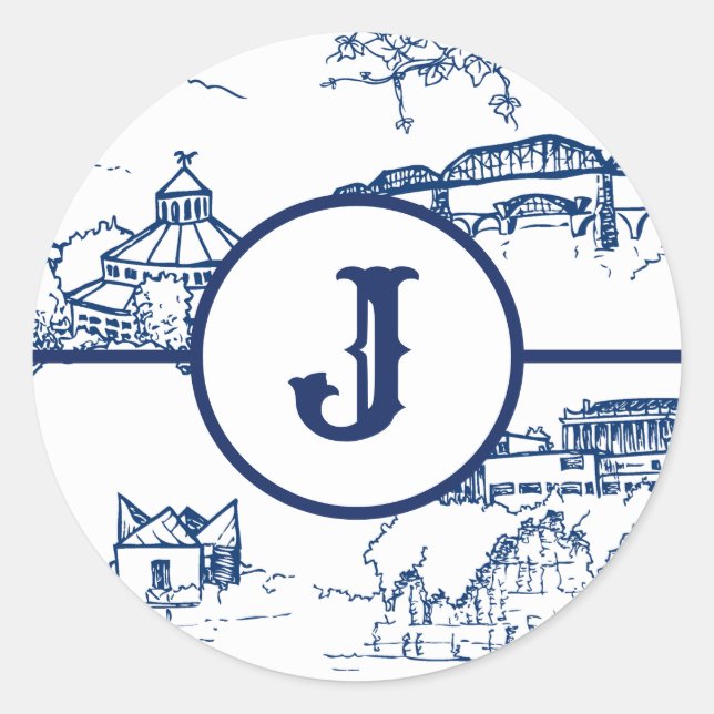 Monogram Chattanooga Toile Blue Classic Round Sticker (Front)