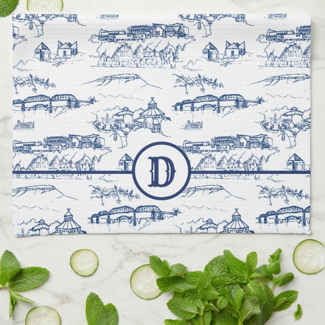 Monogram Chattanooga Toile Blue Tea Towel (Folded)