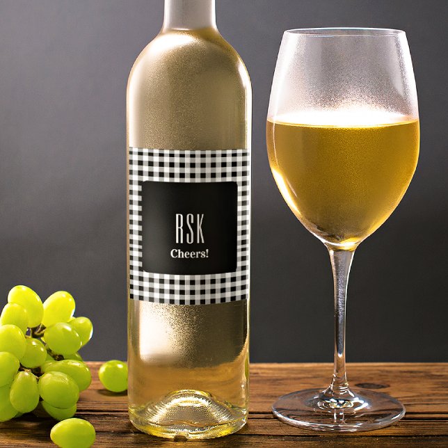 Monogram Cheers! Black & White Buffalo Check (6) Wine Label (Creator Uploaded)