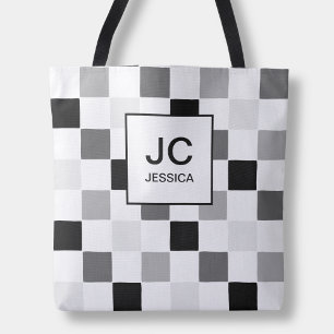 Monogram Chequered Black Grey Modern Simple Check Tote Bag