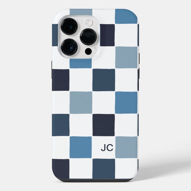 Monogram Chequered Blue Modern Minimalist Pattern iPhone Case (Back)