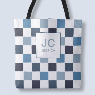 Monogram Chequered Blue Modern Simple Initals Chic Tote Bag