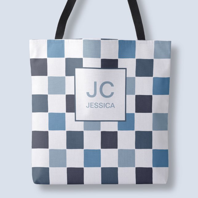 Monogram Chequered Blue Modern Simple Initals Chic Tote Bag (Monogram Checkered Blue Modern Simple Initals Chic Tote Bag)