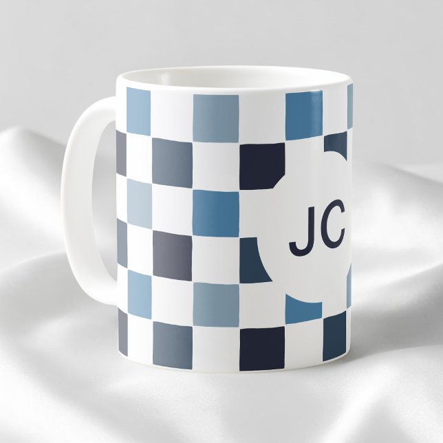 Monogram Chequered Blue White Modern Simple Coffee Mug (Monogram Checkered Blue White Modern Simple Coffee Mug)