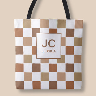 Monogram Chequered Brown Modern Simple Pattern Tote Bag