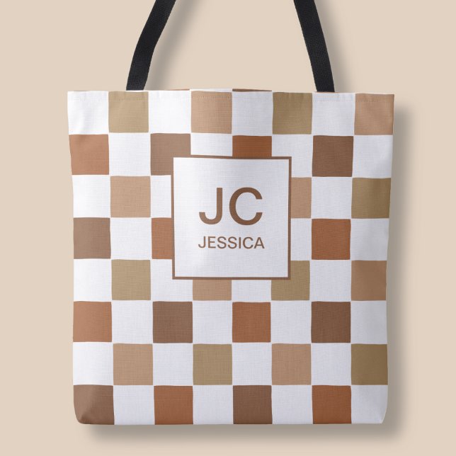 Monogram Chequered Brown Modern Simple Pattern Tote Bag (Monogram Checkered Brown Modern Simple Pattern Tote Bag)