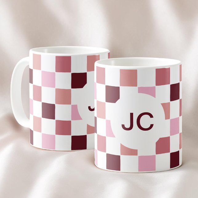 Monogram Chequered Pink Burgundy Modern Simple Coffee Mug (Monogram Checkered Pink Burgundy Modern Simple Coffee Mug)