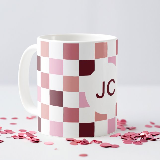 Monogram Chequered Pink Burgundy Modern Simple Coffee Mug (Monogram Checkered Pink Burgundy Modern Simple Coffee Mug)