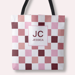 Monogram Chequered Pink Red Modern Simple Initals Tote Bag