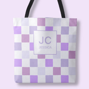 Monogram Chequered Purple Lavender Modern Simple Tote Bag