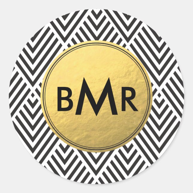 Monogram Chevron Argyle with Gold Faux Foil Classic Round Sticker (Front)