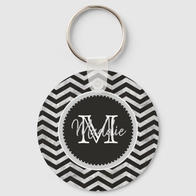 Monogram, Chevron, Pattern, Black, Silver Key Ring (Front)