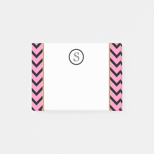 Monogram chevron personalised pink black gold post-it notes (Front)