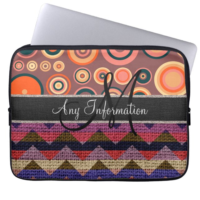 Monogram Chevron Zigzag Burlap Jute Circles Laptop Sleeve (Front)