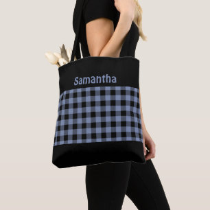 Monogram Chic Black and Blue Buffalo Plaid Trendy Tote Bag