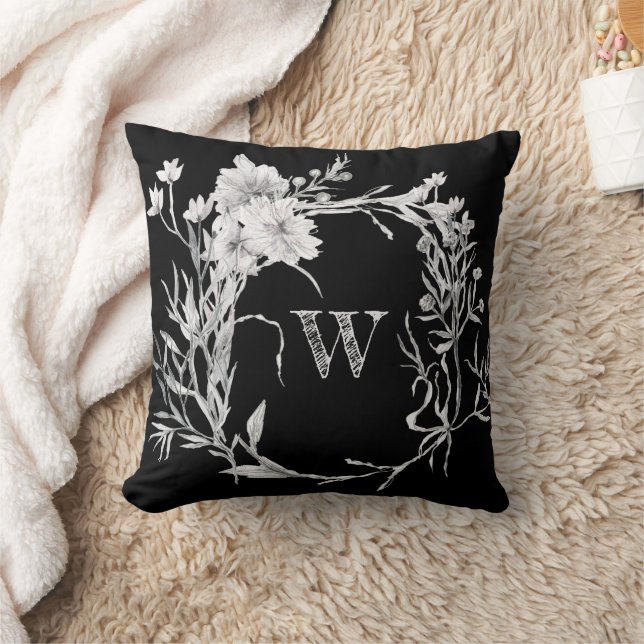 Monogram Chic Black Monochrome Floral Cushion (Blanket)