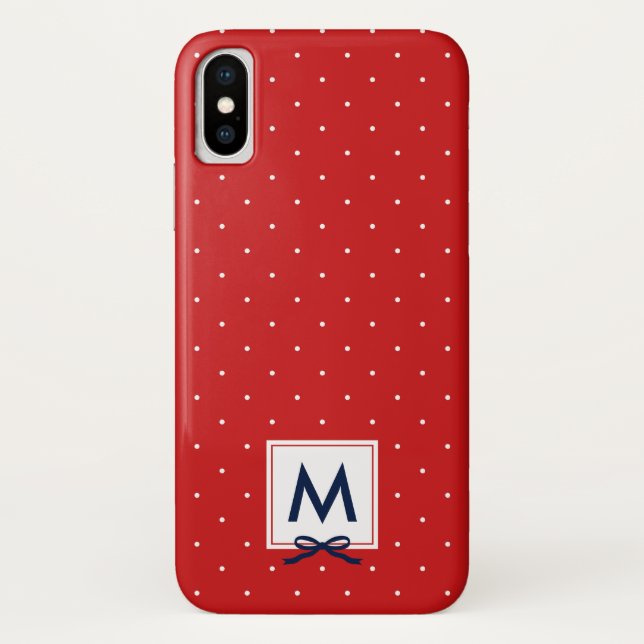 Monogram Chic Blue Ribbon Red Polka Dot Pattern Case-Mate iPhone Case (Back)