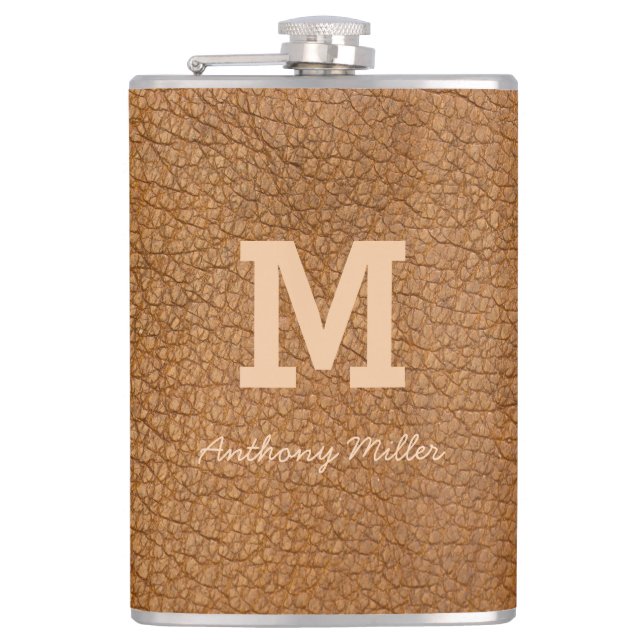 Monogram Chic Brown Leather Name Script Modern Hip Flask (Front)