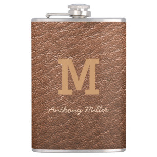 Monogram Chic Brown Leather Name Script Modern Hip Flask