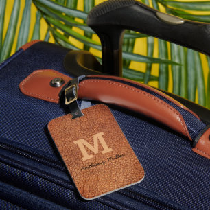 Monogram Chic Brown Leather Name Script Modern Luggage Tag