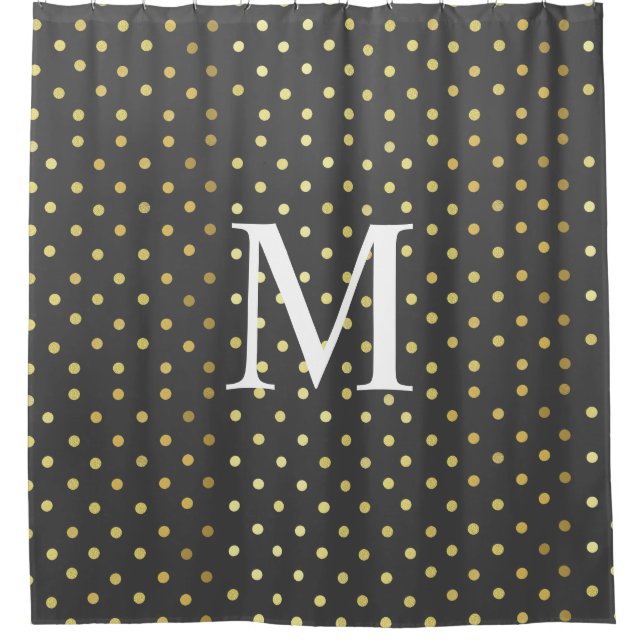 Monogram Chic Faux Foil Leaf Gold Dots Grey  Shower Curtain (Front)