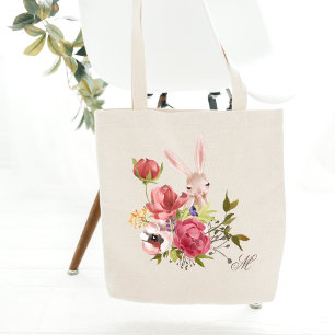 Monogram Chic Floral Bunny Rabbit Easter Tote Bag