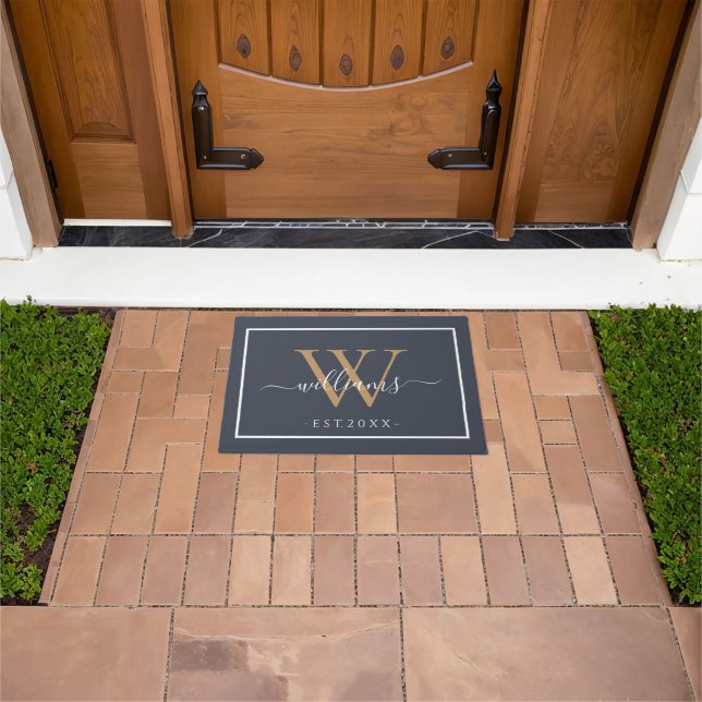 Monogram Chic Gold Script Names Wedding Dark Blue Doormat (Outdoor)
