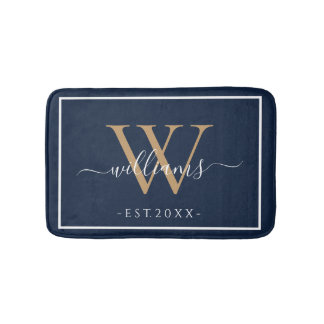 Monogram Chic Gold Script Names Wedding Date Navy Bath Mat