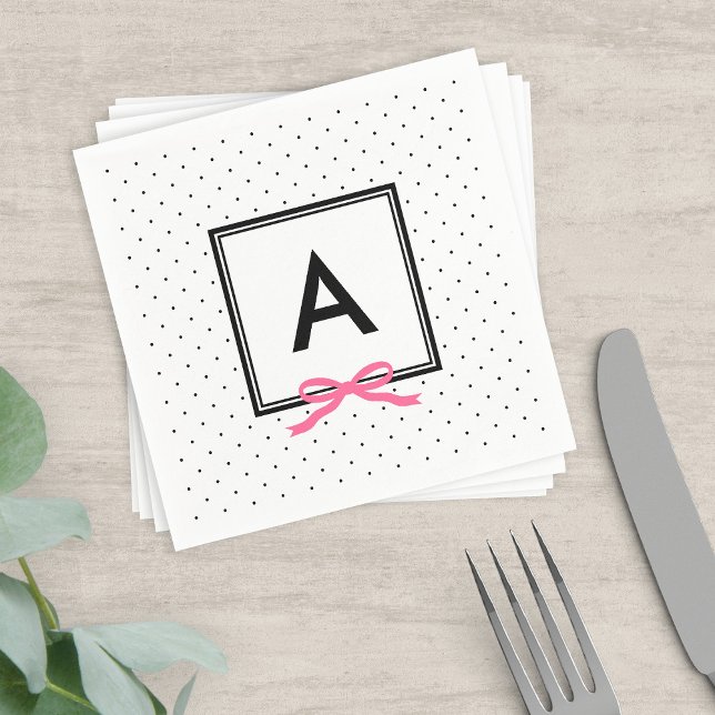 Monogram Chic Pink Ribbon Black & White Polka Dot Napkin (Creator Uploaded)