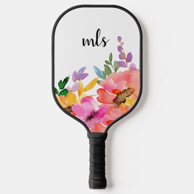 Monogram Chic Pink Trendy Watercolor Floral Pickleball Paddle (Front)