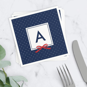 Monogram Chic Red Ribbon Blue Polka Dot Pattern Napkin
