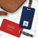 Monogram Chic Red Ribbon Polka Dot Blue Luggage Tag<br><div class="desc">Travel in style with this chic monogram luggage tag featuring a blue bordered square with a red ribbon against a blue and white polka dot pattern. Personalise it by replacing the placeholder text. For more options such as to change the font and it's size/colour or the spacing between letters click...</div>