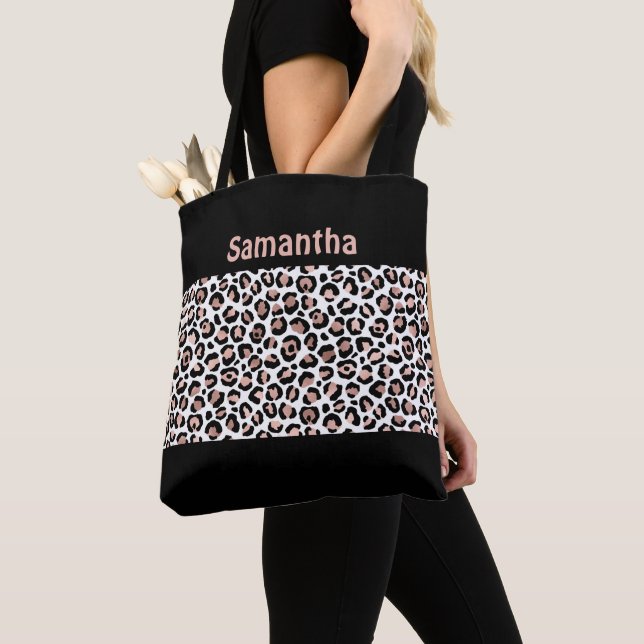 Monogram Chic Rose Gold and Black Leopard Print  Tote Bag (Close Up)