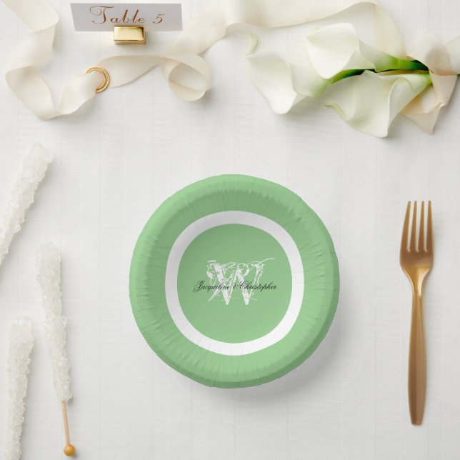 Monogram chic script names elegant soft green  paper plate (Wedding)