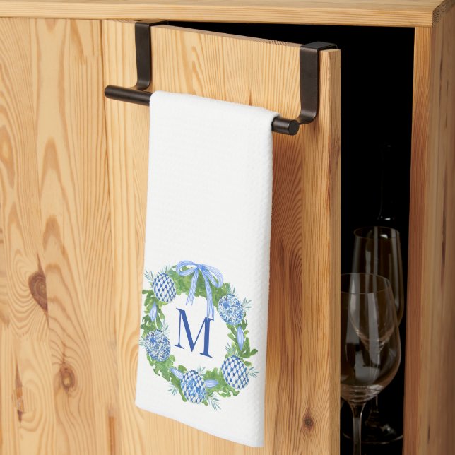 Monogram Chinoiserie Wreath, Grandmillenial Tea Towel (Thirds Fold)