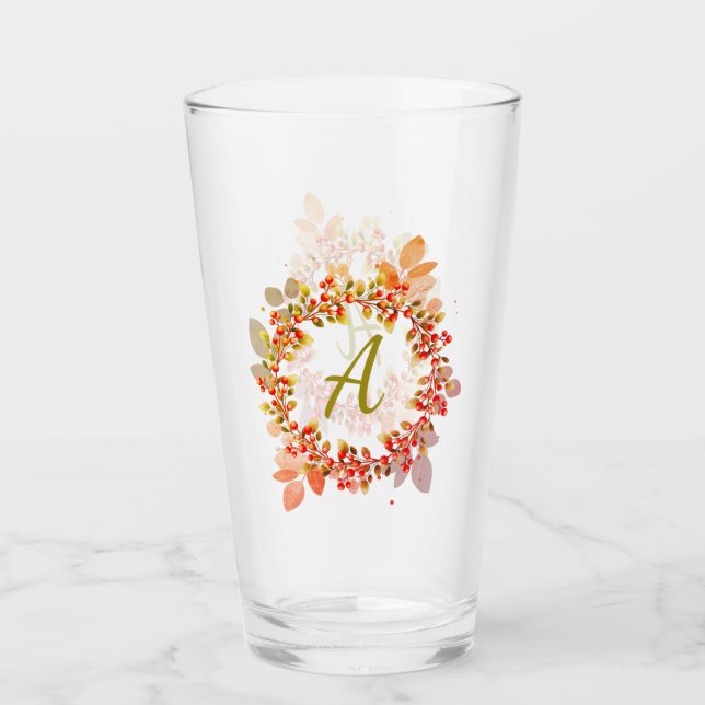 Monogram Christmas Berry Wreath Glass (Front)