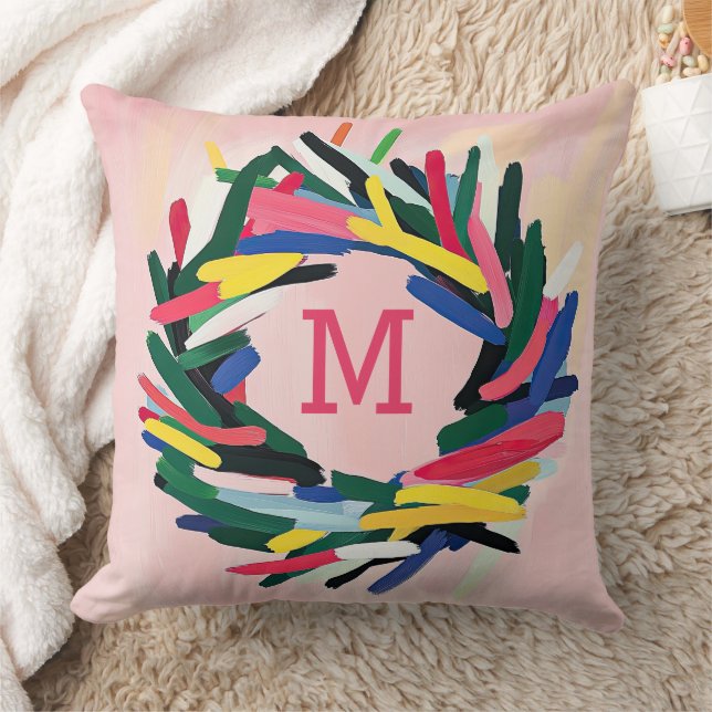 Monogram Christmas Bold Colourful Wreath Cushion (Blanket)