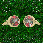 Monogram Christmas Bow Snowman Wreath Gold Finish Cufflinks<br><div class="desc">This is my design of a winter Christmas wreath with ribbon bows. The winter foliage design incorporates the traditional pine tree foliage, poinsettias and red bows with the more playful baubles and jolly snowman. The centre features a Monogram which you can customise with your initials or the initials of the...</div>