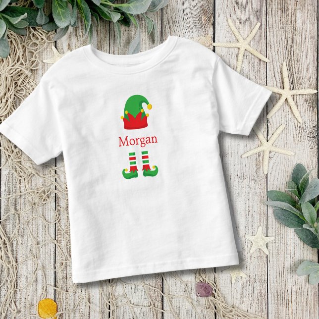 Monogram Christmas Elf Red Green Kids Toddler T-Shirt (Christmas Holiday Elf Monogrammed T-shirt for Baby  or Toddler. )