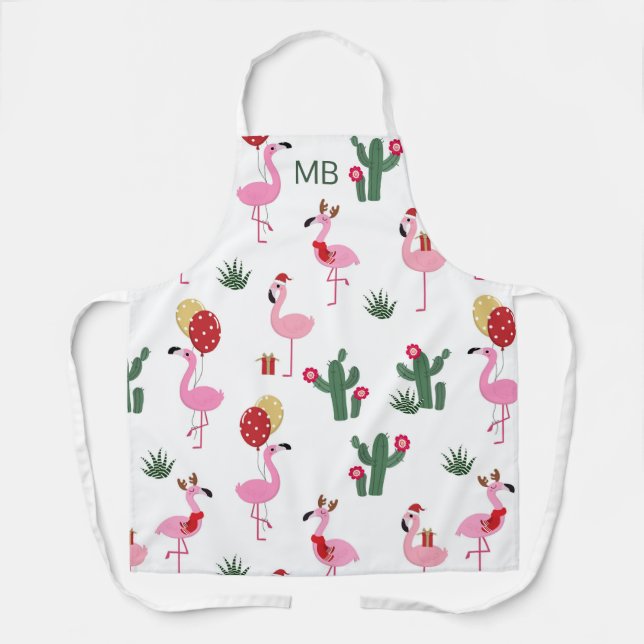 Monogram Christmas Flamingo Party Gift Apron (Front)