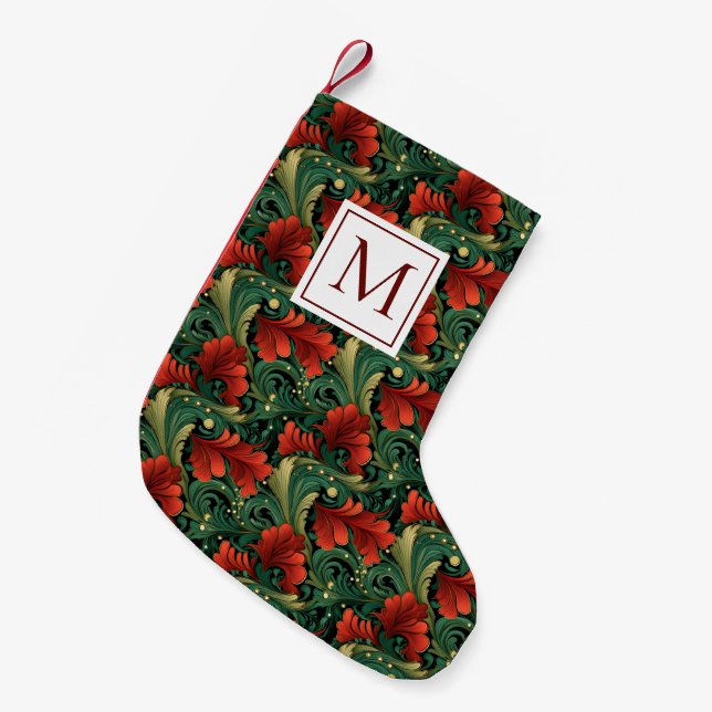 Monogram Christmas Green Red Art Noveau   Small Christmas Stocking (Front (Hanging))