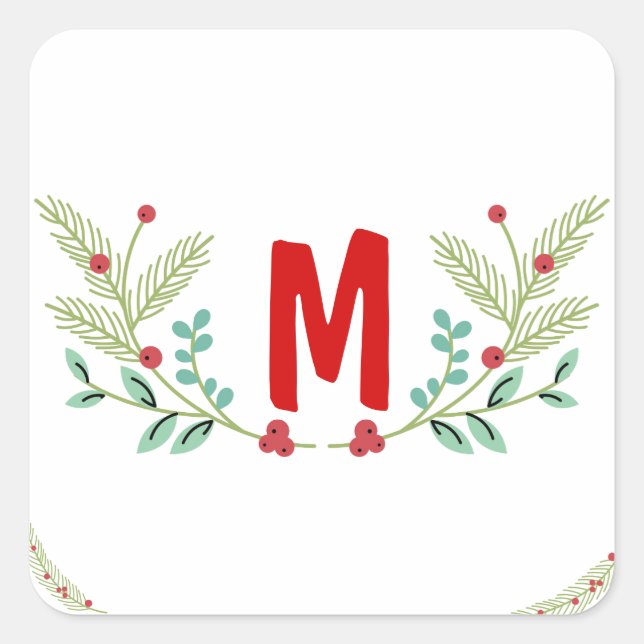 Monogram Christmas Greenery Design Square Sticker (Front)