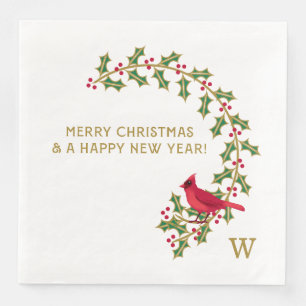 Monogram Christmas Holly and Berries Paper Napkin